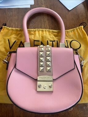 NWT Valentino Leather Saddle Bag in Rose Quartz Top Handle with Gold Studs